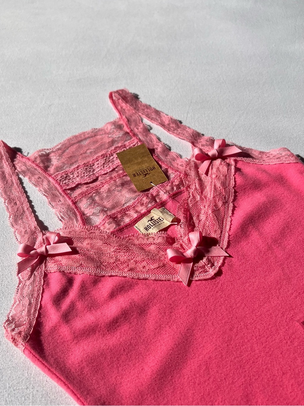 Y2K Hollister NWT Pink Eyelet Lace Babydoll Camisole Cotton Ribbon Bows Tank Top